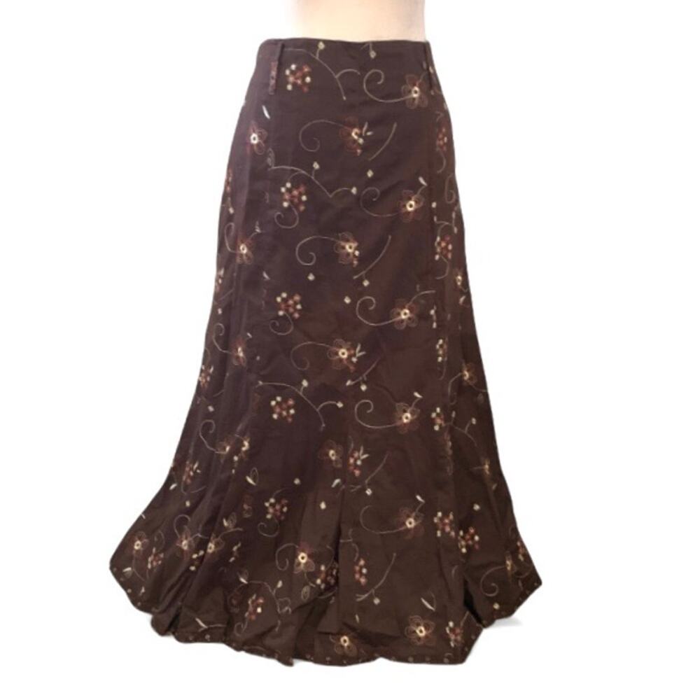 Y2K Vex Brown Embroidered Midi Skirt Lace Hem Beaded Size L